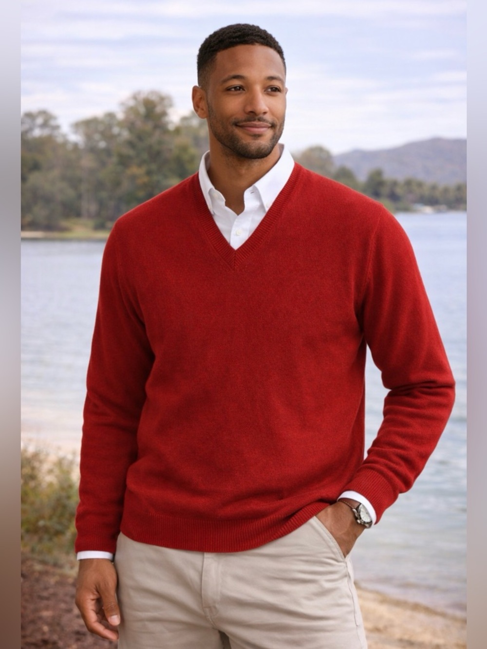 Saddles Lambswool Sweater XL Red V‎ Neck Mens Vintage Wool Knit Classic